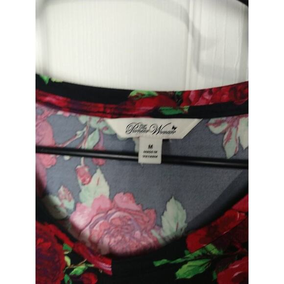 Pioneer Woman M Blouse Black Red Floral V Neck 3/4 Sleeves - Picture 3 of 10